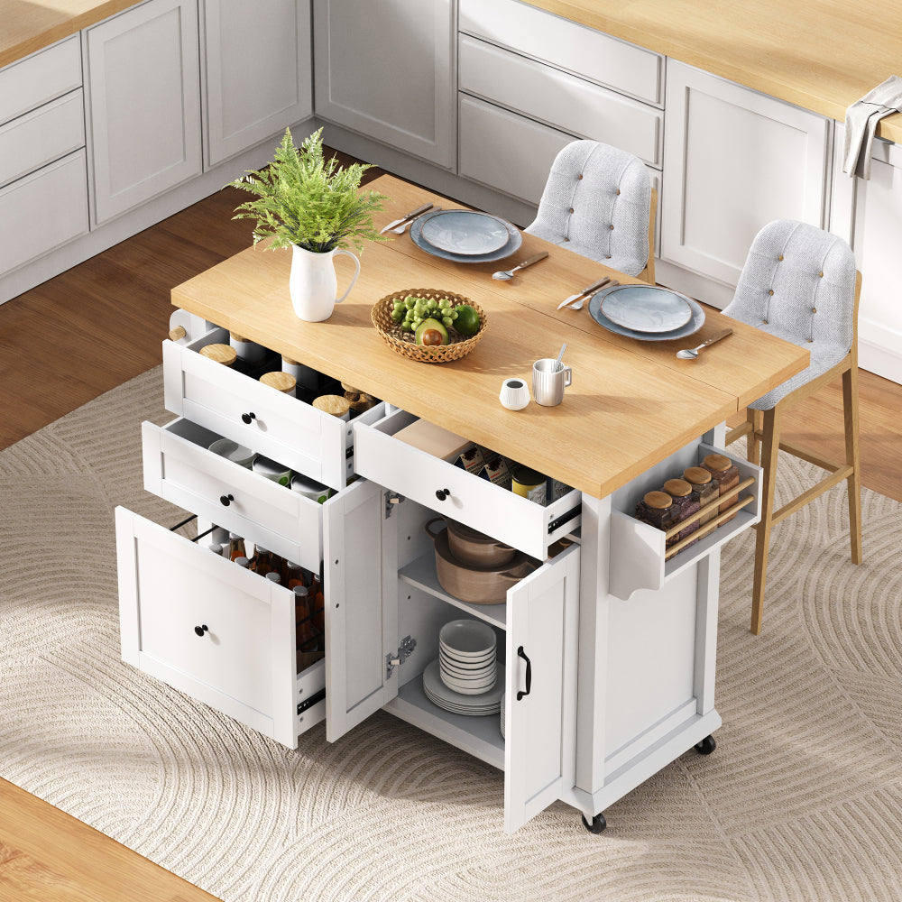 Mobile Kitchen Island with Extendable Table & Rolling Cart - White Heavy-Duty Multi-Functional Cart with Storage Drawers, Expandable Dining Table, Space-Saving Suitable, Dining Room, RV, Apartment