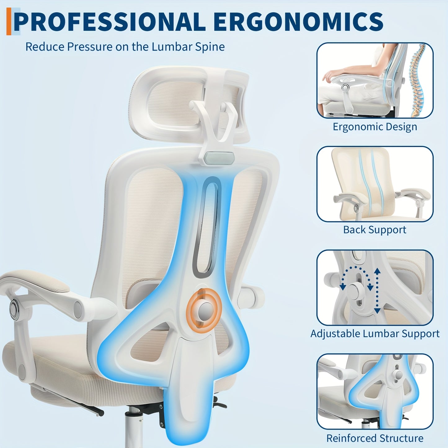 Ergonomic Office Chair with Footrest - Adjustable Lumbar & Headrest Support, High-Back Mesh Back Executive Desk Chair with 360° Swivel, PU & Footrest - Heavy-Duty Task Chair Suitable for & Office, Assembly Required