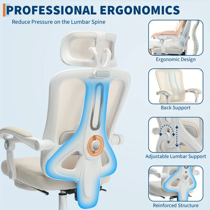 Ergonomic Office Chair with Footrest - Adjustable Lumbar & Headrest Support, High-Back Mesh Back Executive Desk Chair with 360° Swivel, PU & Footrest - Heavy-Duty Task Chair Suitable for & Office, Assembly Required