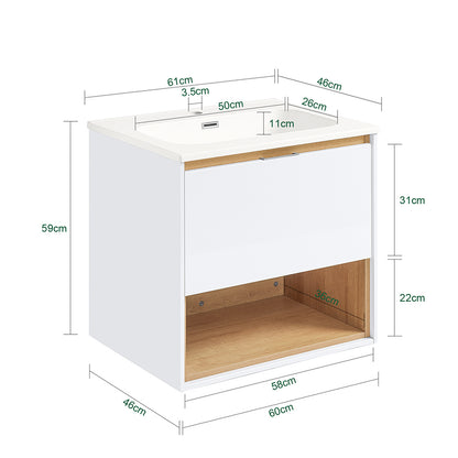 Badkamermeubel – Wandmeubel – Wastafelmeubel – Wastafelonderkast – Badmeubelset – Keramische Wastafel – 61x46x59 cm – Soft-Close Lade