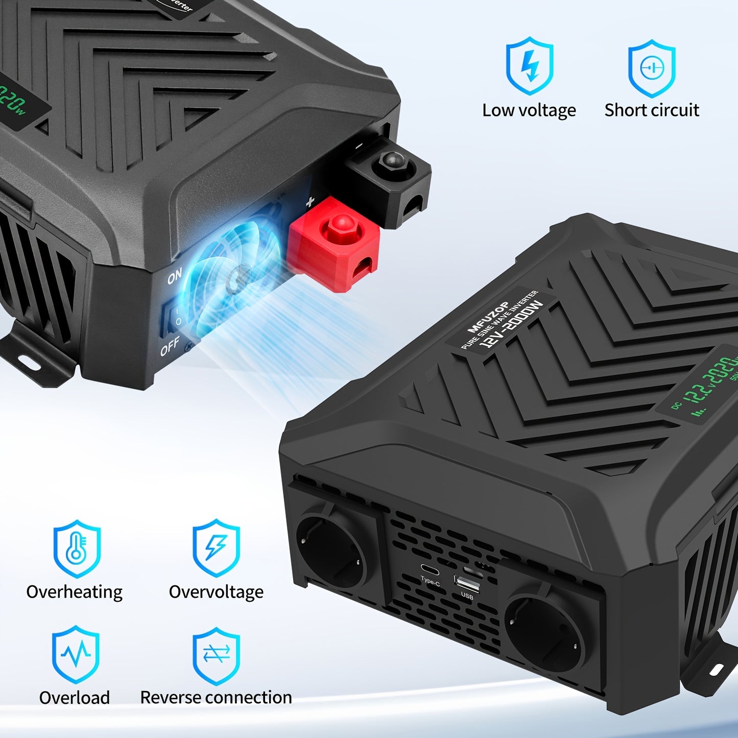 2000W Omvormer – Power Inverter – Spanningsomzetter – Stroomomzetter – Sine Wave Omvormer – Pure Sinusgolf – 4000W Piekvermogen – Metalen Behuizing