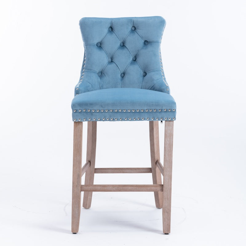 Barstoel – Barkruk – Barstoel Kruk – Barkrukken – Barstoel Stoel – Set van 2 – Lichtblauw Velvet Bekleed – Rubberen Houten Poten – Button-Tufted Rugleuning – 113 kg Draagvermogen – Retro Modern