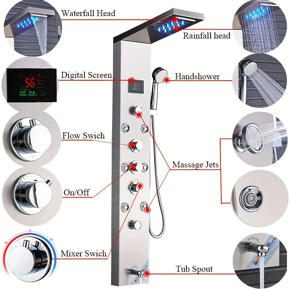 Douchepaneel – Douchetoren – Regendouche – Handdouche – Massagejets – RVS Geborsteld Nikkel – 6 Functies – Eenvoudige Montage