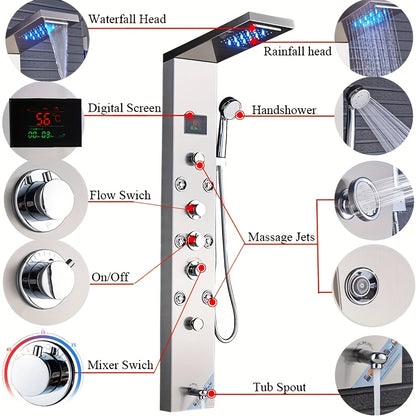 doucheset – douchepaneel – shower panel – regendouche – handdouche – 6 functies – roestvrij staal mat zwart – massagestralen en watervalstraal
