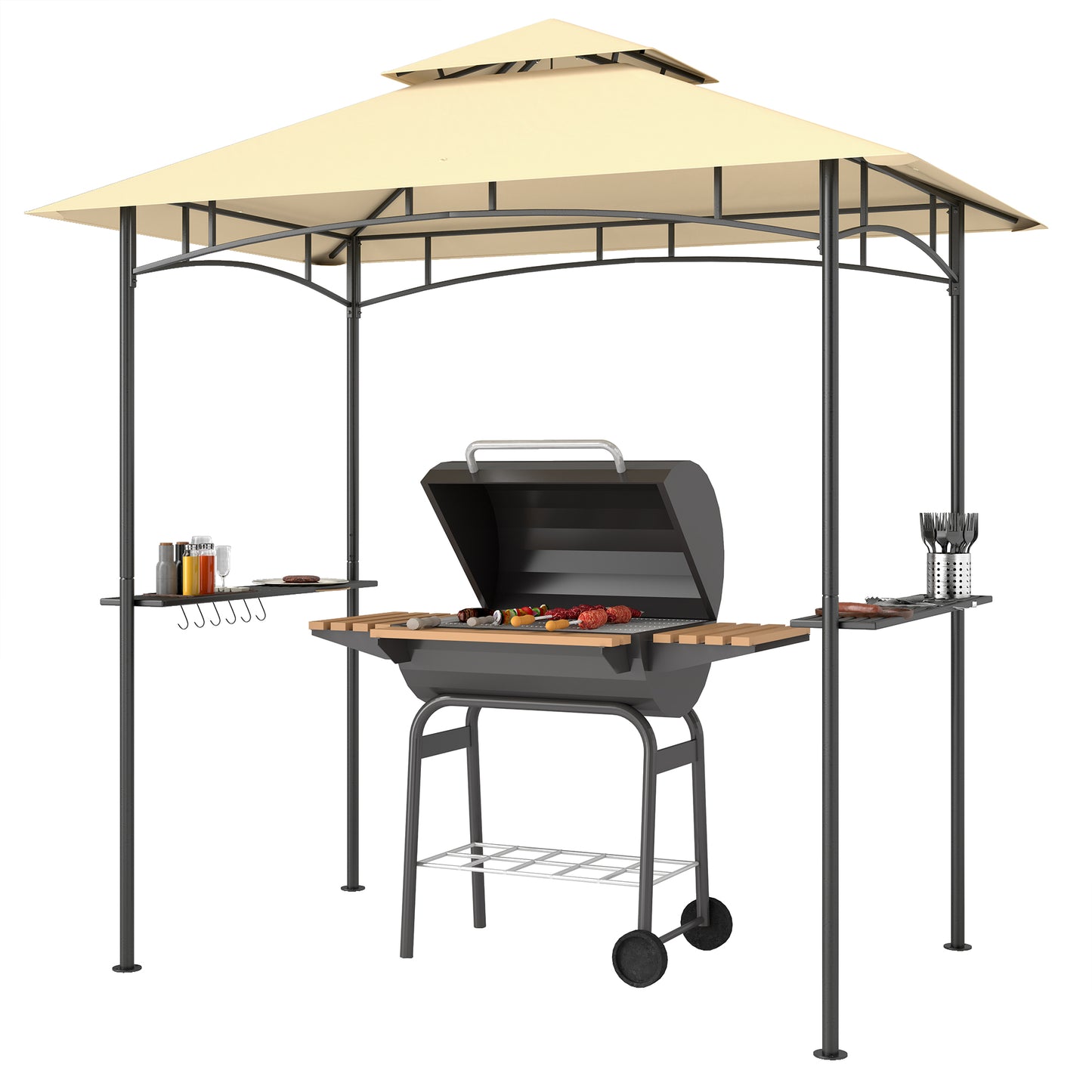 Tuingazebo – Tuinhuisje – Buitenoverkapping – Serre – Prieel – Met LED-Verlichting – Waterafstotend En Brandvertragend – 240 x 150 x 258 cm – Dubbel-Laags Dak