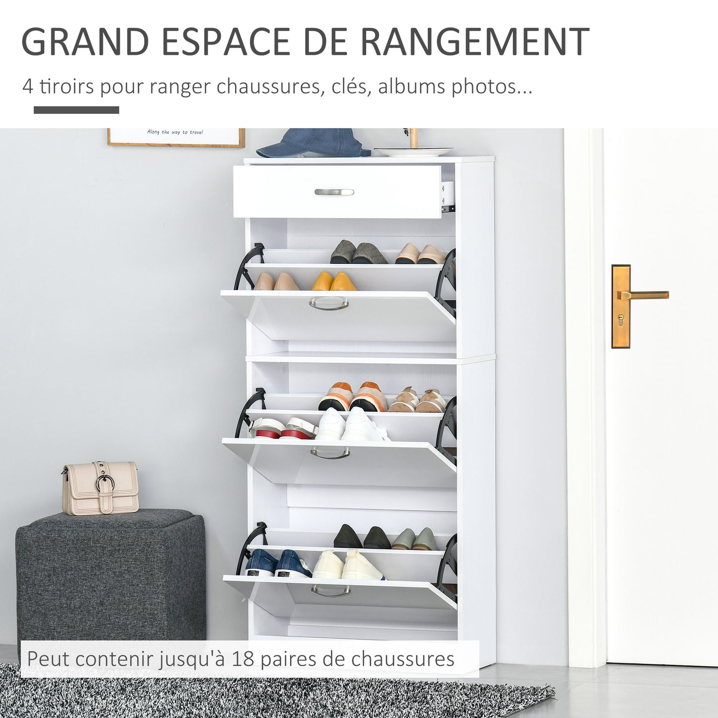 Schoenenkast – Schoenrek – Schoenopberger – Schoenmeubel – Opbergkast – Wit – Aluminium Handgrepen – 18 Paar Schoenen – Vouwdeuren Met Schuiflade