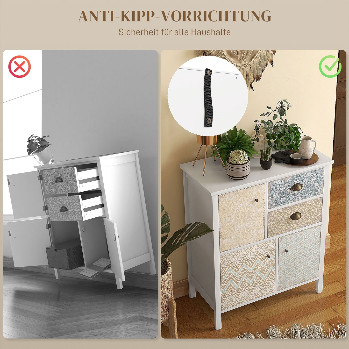 Sideboard – Dressoir – Opbergkast – Bijzetkast – Ladekast – Wit Shabby Chic – Massief Dennenhout – Compact Formaat 68x34x80 cm