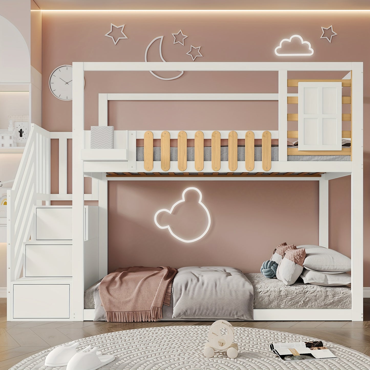Hoogslaper – Kinderbed – Zolderbed – Stapelbed – Eenpersoonsbed – Met Bureau En Opbergruimte – Ruimtebesparend 90x200 cm – Wit