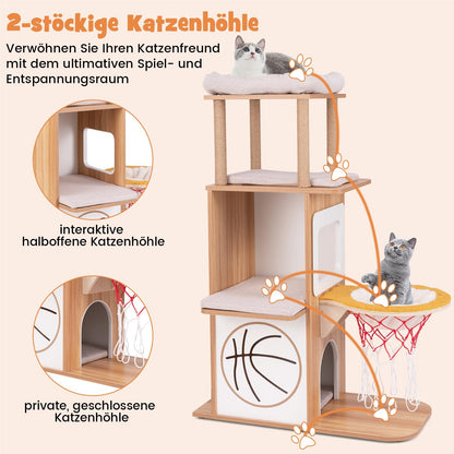 Krabpaal – Kattenboom – Kattenmeubel – Krabton – Krabhuis – 120 cm Hoog – Houten Structuur Met Hangmat Basketbal Design