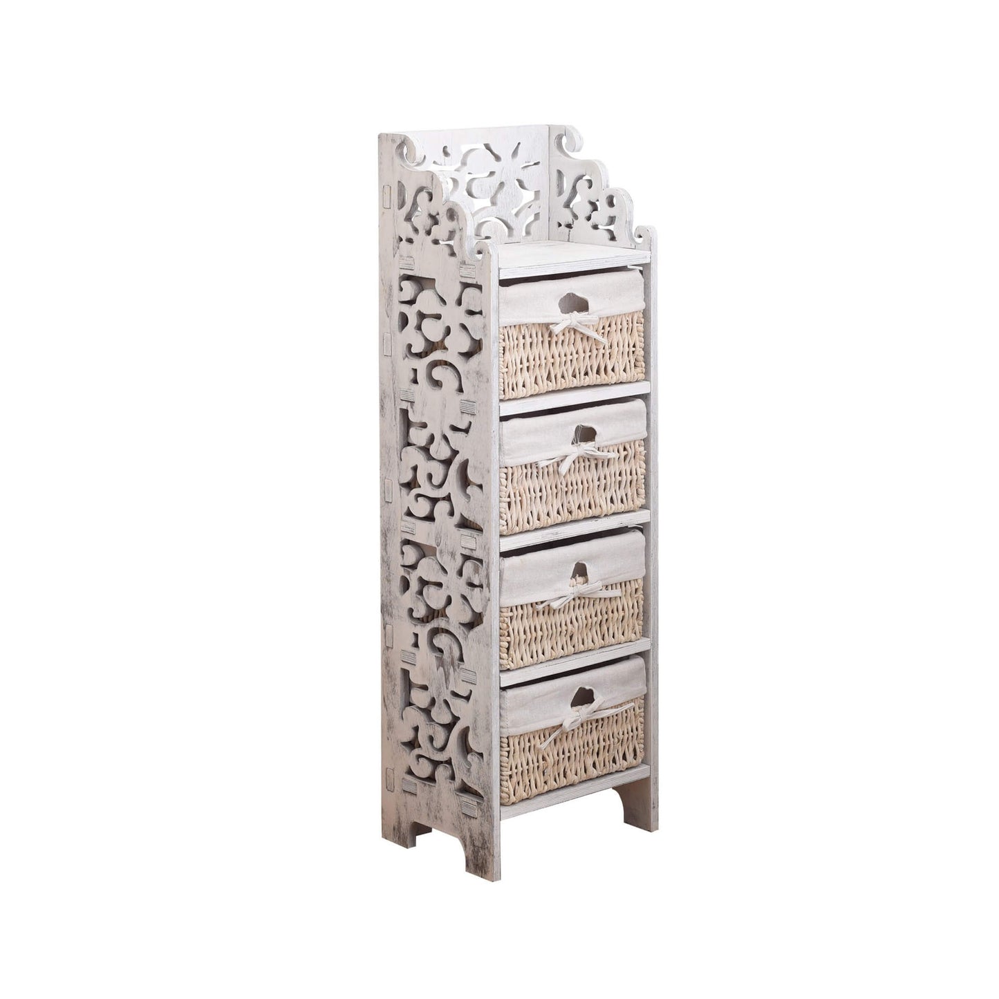 Nachtkastje – Bijzettafel – Ladekast – Opbergkastje – Kabinet – Shabby Vintage Wit – 4 Lades Met Rotan – Hout 98x29x22 cm