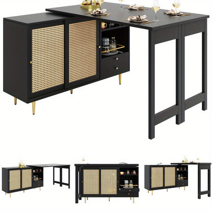 Uitklaptafel – Klaptafel – Vouwtafel – Bartafel – Eettafel – 360° Draaibaar – Uitschuifbaar Met Opbergruimte Rieten Deuren – Compact Modern Design – Duurzaam Niet-Hout Materiaal