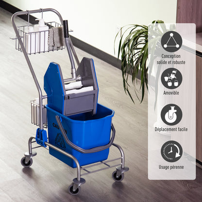 Schoonmaakwagen – Reinigingswagen – Dweilwagen – Systeemwagen – Schoonmaaktrolley – 26L Inhoud – Stalen Frame met 360° Zwenkwielen – Uitwringsysteem