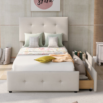 Bedbank – Slaapbank – Logeerbed – Eenpersoonsbed – Bed – Lichtbeige Gestoffeerd – Lattenbodem – 2 Grote Opberglades