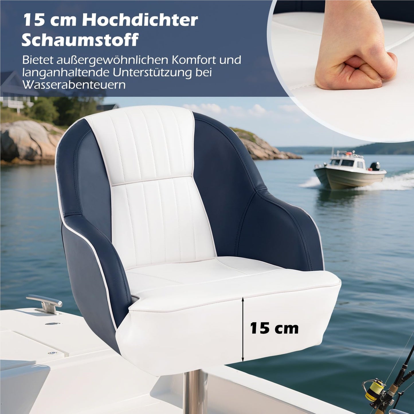 Bootstoel – Bootzitje – Bootsstoel – Bootstoel met armleuningen – Vissersstoel – Waterbestendig PVC Leder – Dikke schuimkussens 15 cm – Ergonomisch ontwerp – Blauw/Wit