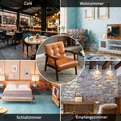 Fauteuil – Stoel – Armstoel – Zetel – Mid-Century Chair – Rustkleur – Beukenhouten Frame – Kunstleren Bekleding – Comfortabele Schuimvulling – Houten Armleuningen