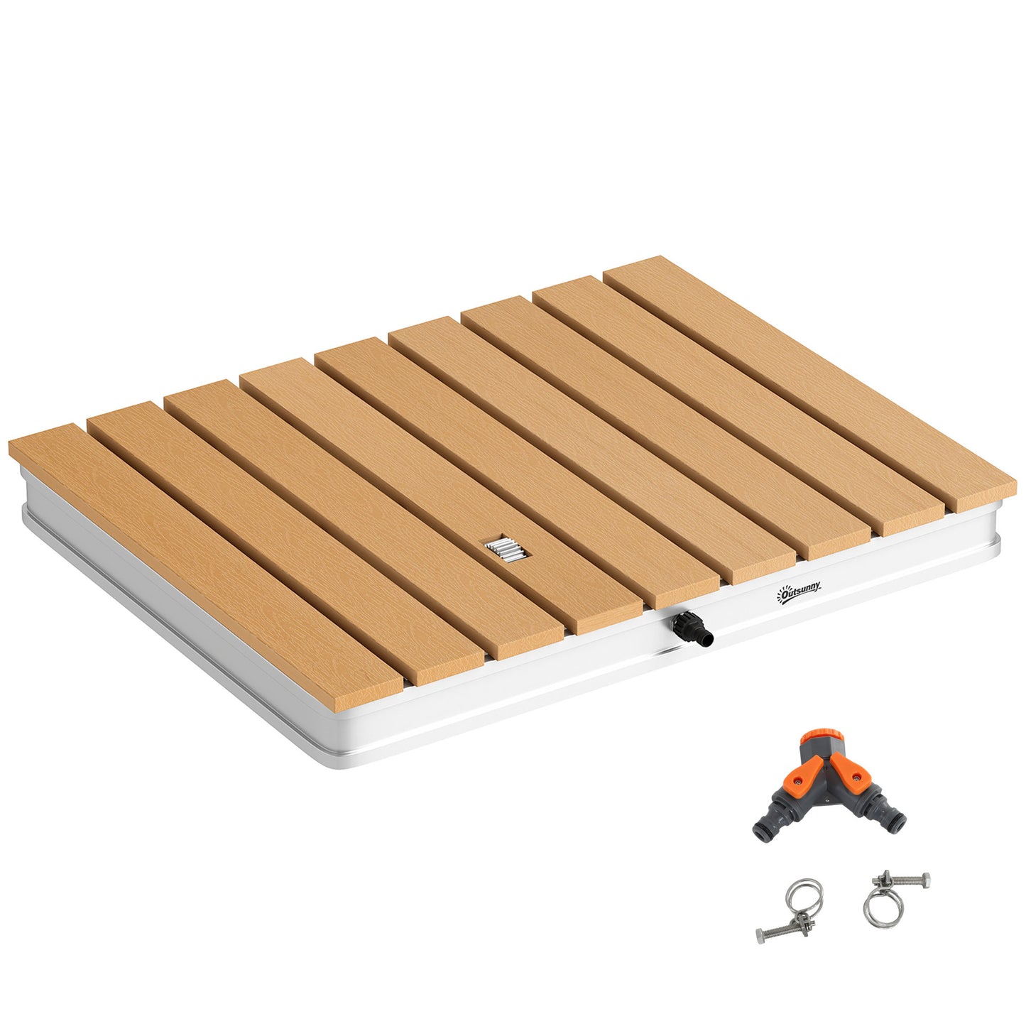 Tuindouche – Buiten Douche – Tuinspuit – Tuingereedschap – Tuinaccessoire – Verstelbaar Voetpedaal – Natuurlijke Houtlook Met Aluminium Voet – 4 Meter Waterhoogte – Compact 70x55 cm