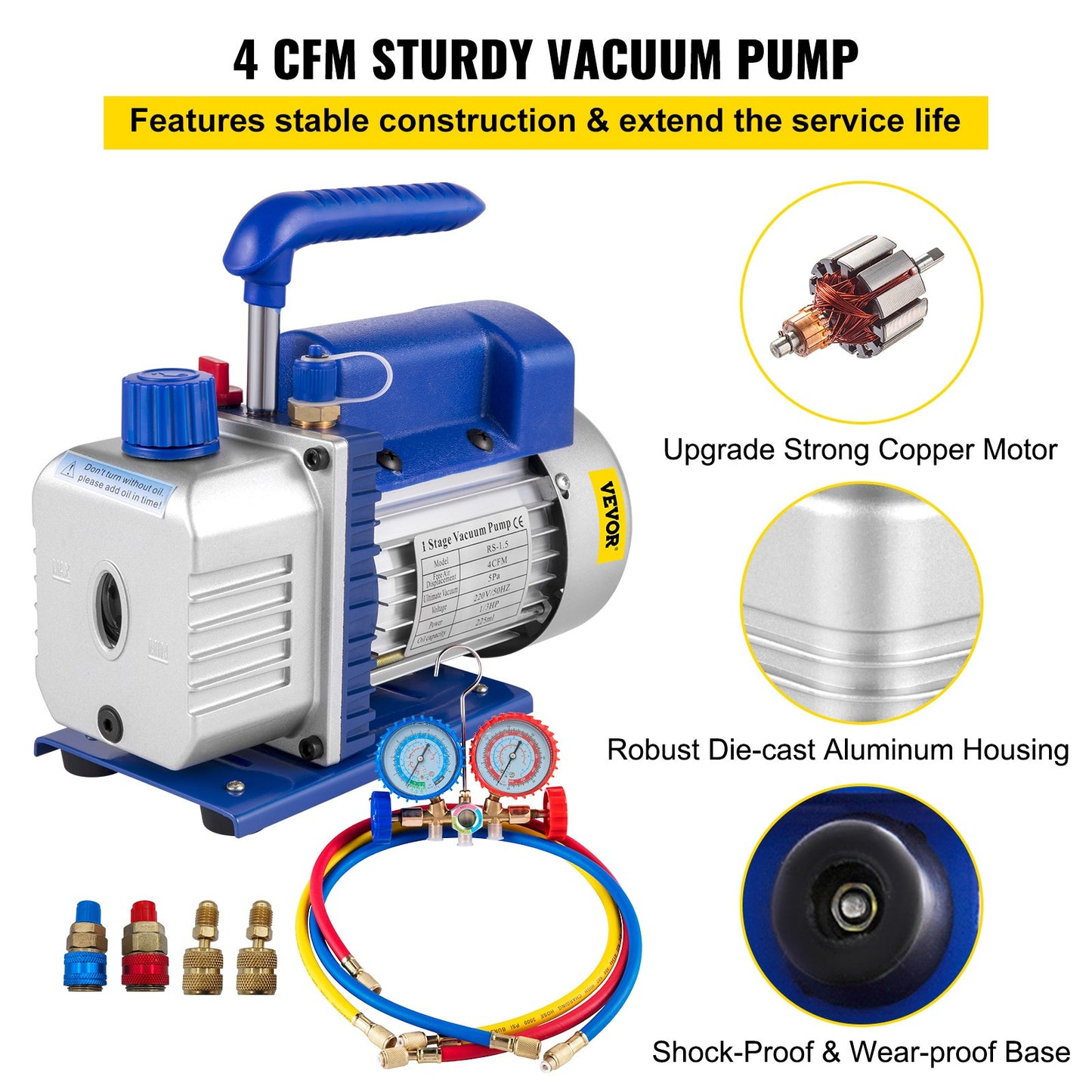 Vacuümpomp – Vacuüm Pomp – Refrigeratie Pomp – Airconditioner Pomp – Koeltechniek Set – 4 CFM Capaciteit – 1/3 PK Motor