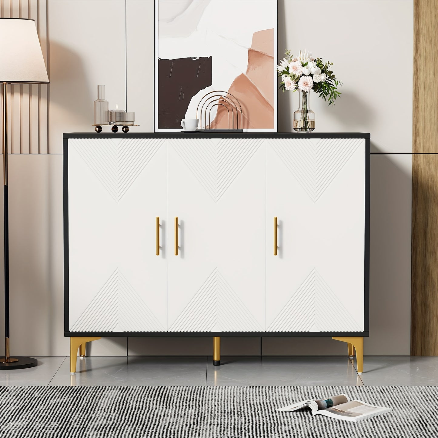 Opbergkast – Kasten – Dressoir – Sideboard – Bergmeubel – Wit Met Gouden Accenten – Ruime Opbergruimte 3,2+ Kubieke Voet – Vrijstaand En Snel Te Plaatsen