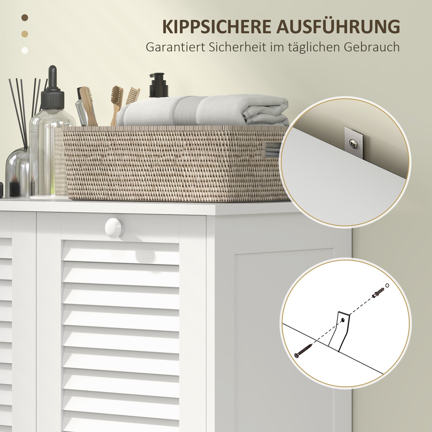 Wasmand – Wasbox – Wassorteerder – Waszak – Kledingkast – Wit – 2 Kantelbare Wasmanden – Ventilerende Lamellendeuren – Compact 70x38x73 cm