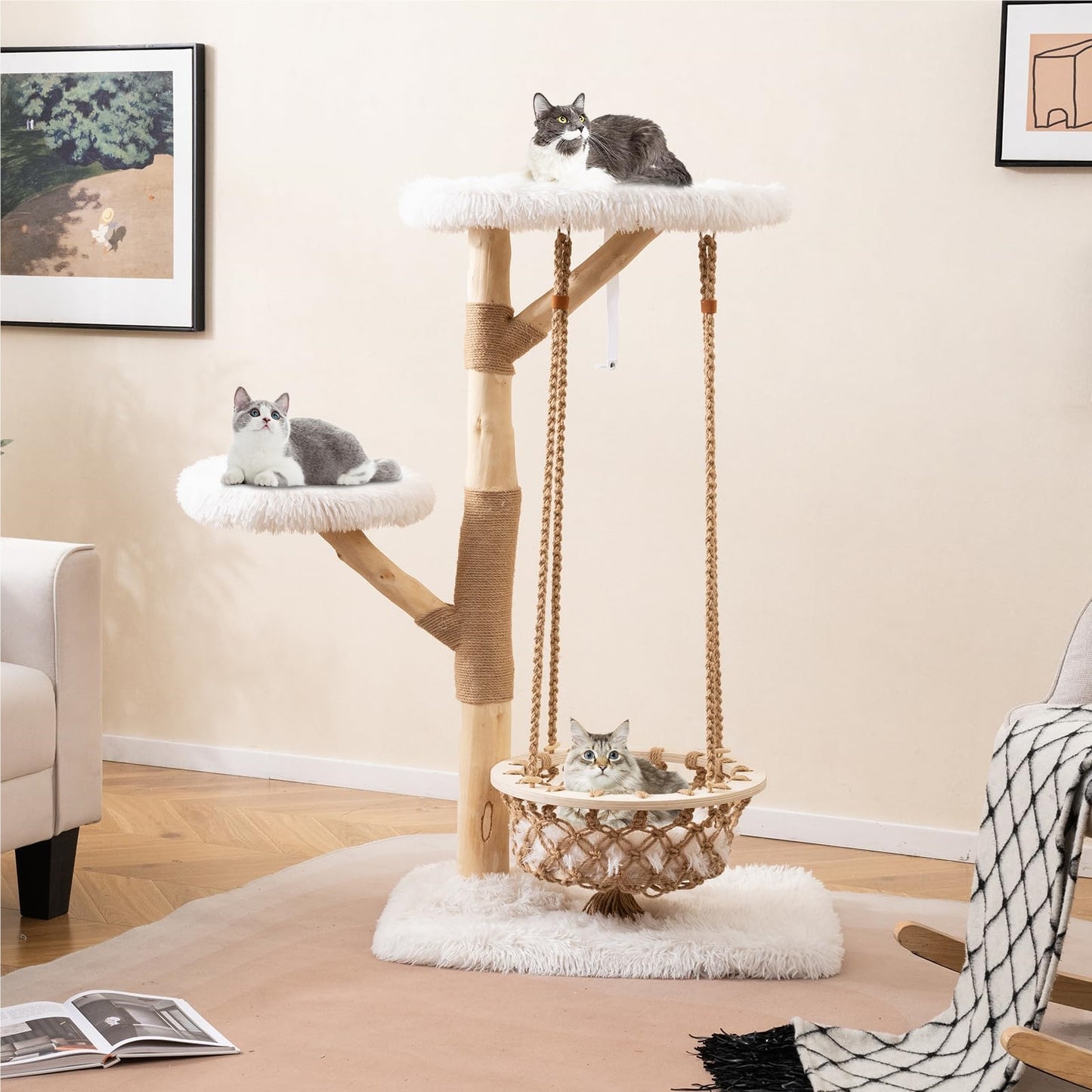 Kattenboom – Krabpaal – Klimmeubel – Speelboom – Kattenmeubel – Natuurlijke Perenhout Takken – Comfortabele Hangmat Met Kussen – Extra Stabiel Met Anti-Kantel Mechanisme