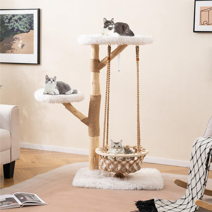 Kattenboom – Krabpaal – Klimmeubel – Speelboom – Kattenmeubel – Natuurlijke Perenhout Takken – Comfortabele Hangmat Met Kussen – Extra Stabiel Met Anti-Kantel Mechanisme