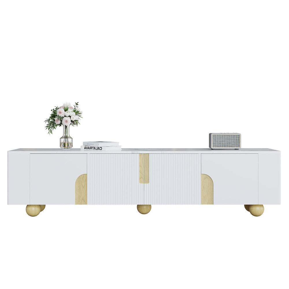 White TV Cabinet 180cm | Four-Door Design, Elegant Silhouette, Marble-Effect Textured Surface, Spherical Wooden Base, Metal Material