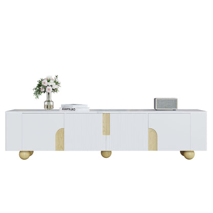 White TV Cabinet 180cm | Four-Door Design, Elegant Silhouette, Marble-Effect Textured Surface, Spherical Wooden Base, Metal Material