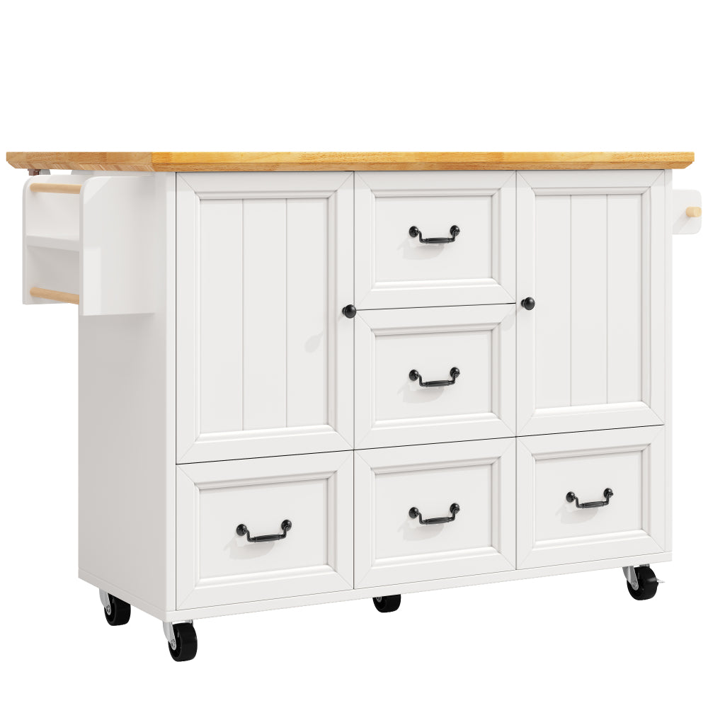 White Modern Mobile Kitchen Island Cabinet with Adjustable Shelves, Double Doors & 5 Drawers - Heavy-Duty Metal Construction, Pull-Out Kitchen Cart with Towel Rack & Spice Rack, Rolling Storage Cabinet with Black Legs, Space-