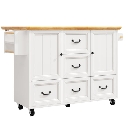 White Modern Mobile Kitchen Island Cabinet with Adjustable Shelves, Double Doors & 5 Drawers - Heavy-Duty Metal Construction, Pull-Out Kitchen Cart with Towel Rack & Spice Rack, Rolling Storage Cabinet with Black Legs, Space-