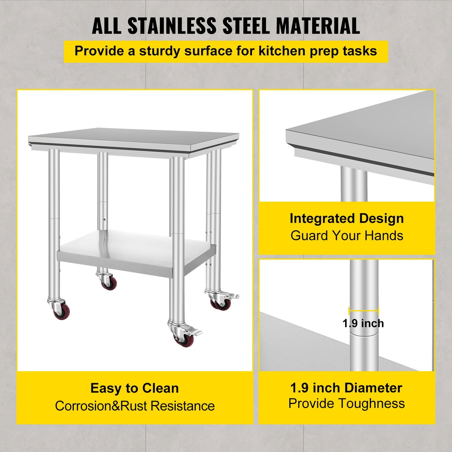 Werktafel – Werkbank – Werkoppervlak – Werkplateau – Roestvrijstaal – Verstelbare Planken – Zwenkwieltjes – 61x76x86 cm