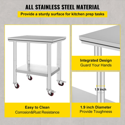 Werktafel – Werkbank – Werkoppervlak – Werkplateau – Roestvrijstaal – Verstelbare Planken – Zwenkwieltjes – 61x76x86 cm