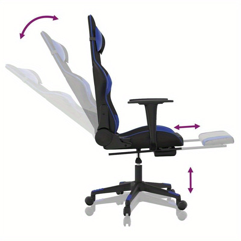 Gaming chair with footrest, black and blue faux leather for gaming PC