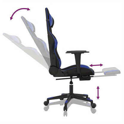 Gaming chair with footrest, black and blue faux leather for gaming PC