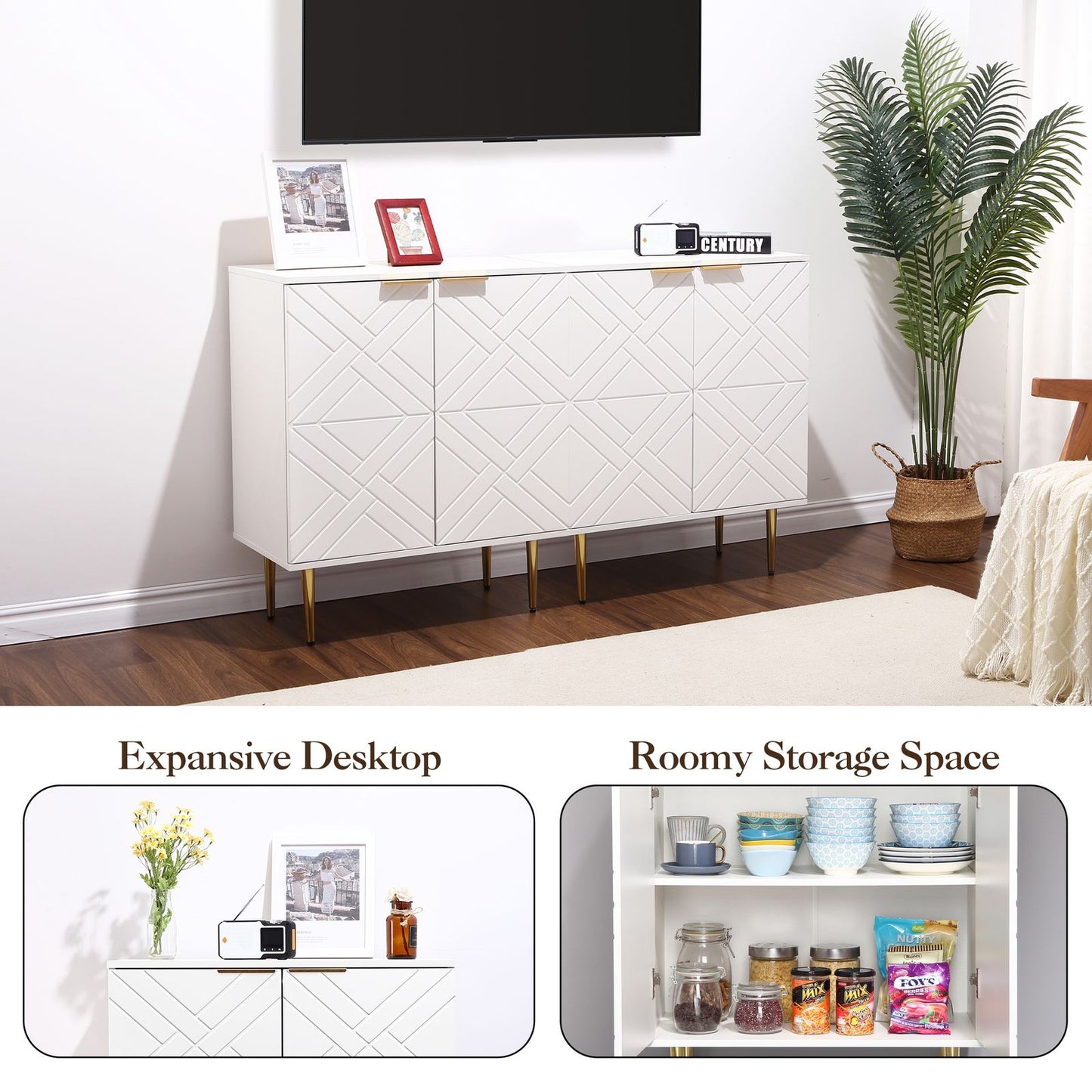 Sideboard – Dressoir – Buffetkast – Opbergkast – Witte Kast – Warm Wit – Verstelbare Planken – Compact Design