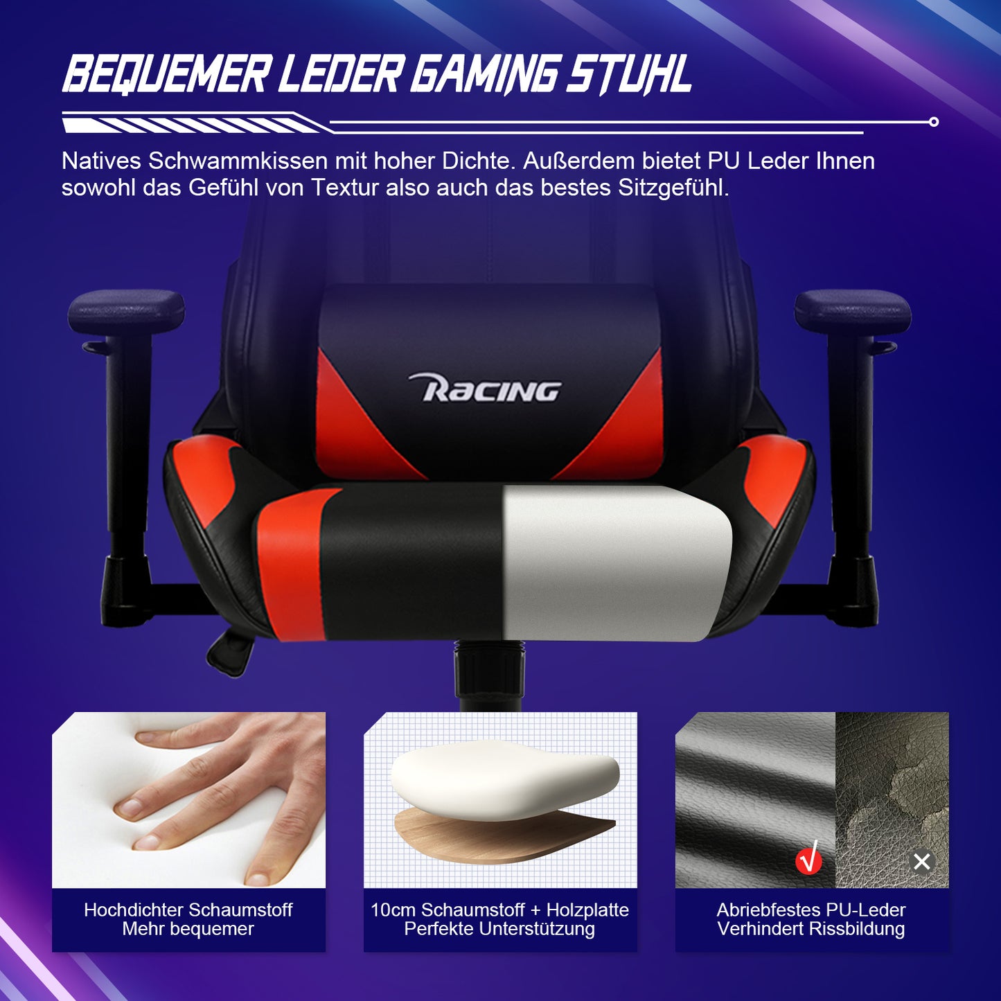 Gamingstoel – Bureaustoel – Gamestoel – Werkstoel – Draaistoel – Ergonomisch Design – Verstelbare Rugleuning Tot 170° – Zwart-Wit PU Leder