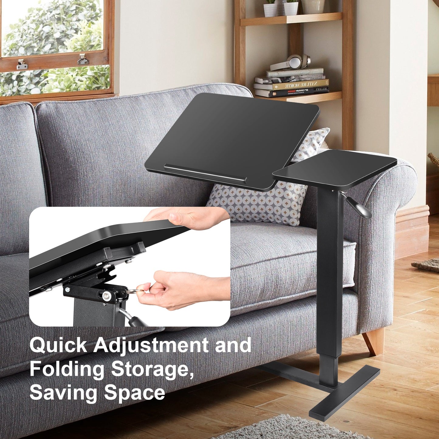 Verstelbare Overbedtafel – Bedtafel – Ziekenhuis Tafel – Werktafel – Verzorgingstafel – Pneumatisch Verstelbaar – MDF & IJzeren Frame – Anti-Slip Tafelblad – Wieltjes – H-Frame Basis – 80-116 cm Hoogte