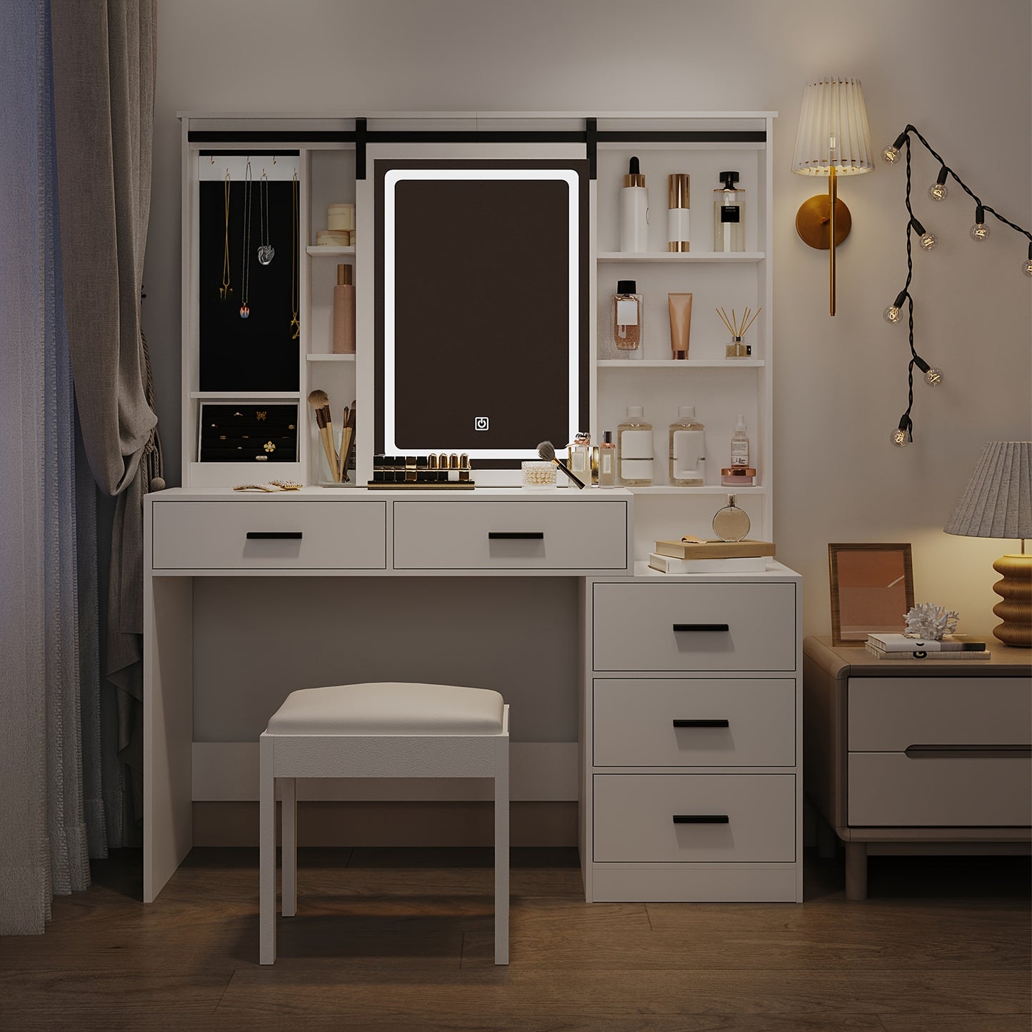 Make-upspiegel – Beautyspiegel – Vanity Spiegel – Dressing Table – Make-uptafel – Verstelbare LED-verlichting – Grote Verwijderbare Spiegel Met Sieradenopslag