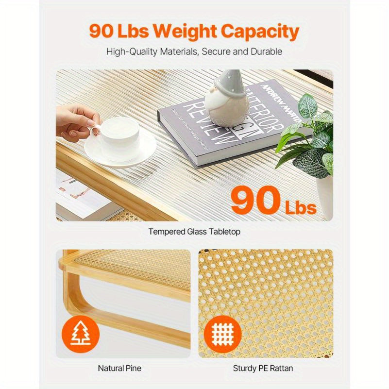 Rattan Salontafel – Rotan Tafel – Lounge Tafel – Woonkamer Tafel – Houten Salontafel – Rechthoekig Twee Niveaus – Natuurlijk Materiaal – Modern Design