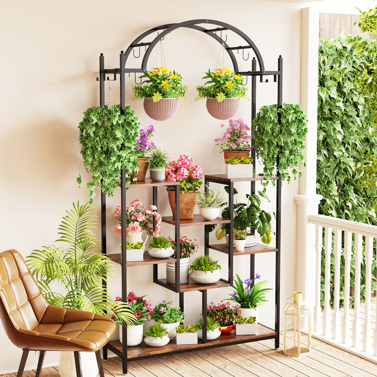 7-Tier Tall Indoor Plant Stand Corner Shelf with Hanging Hooks, Arched Metal Multi-Purpose Display Rack for Bonsai Pots and Plants, Classic Black Finish for Living Room or Balcony, Plant Hanger, Unho
