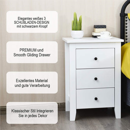 Nachtkastje – Bedtafel – Bedzijtafeltje – Nachtkast – Opbergkast – 2 stuks – 3 lades – Wit MDF – 46x37x65 cm