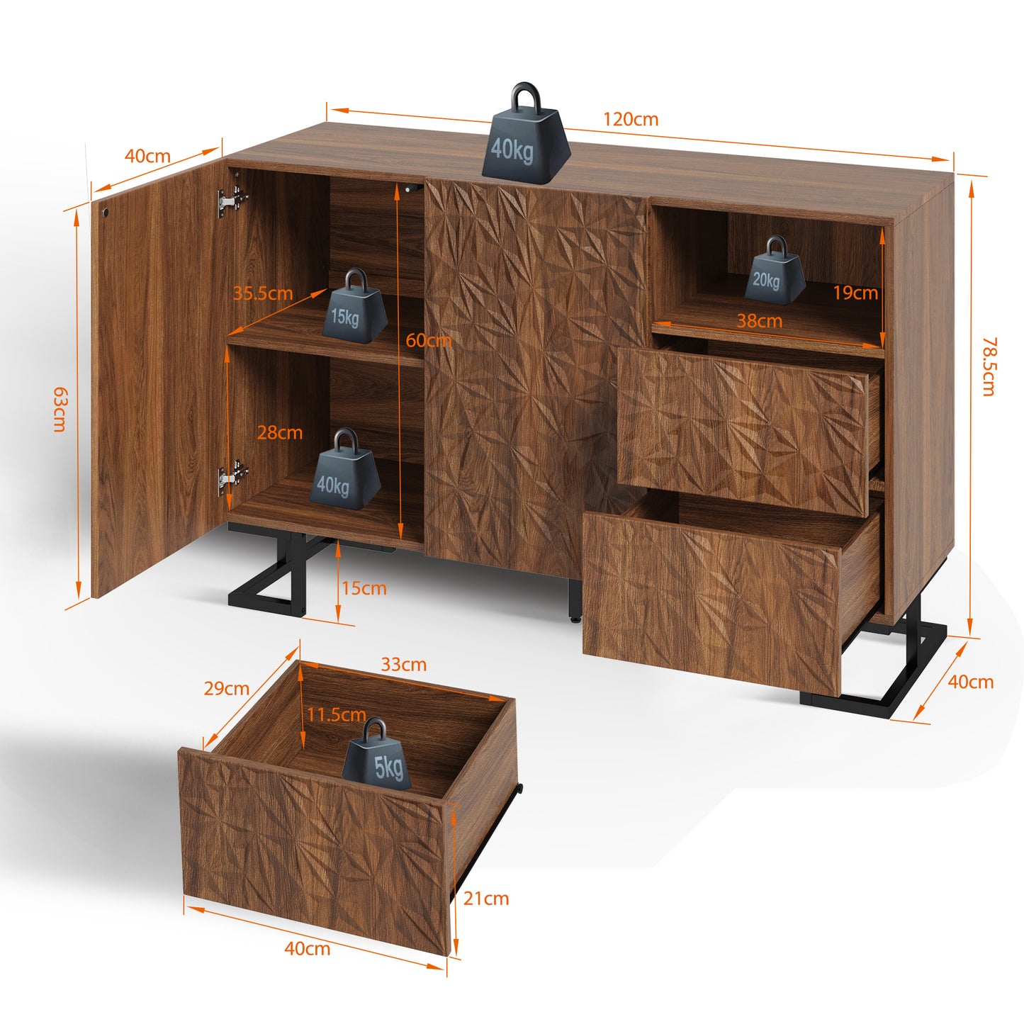 Dressoir – Buffet – Opbergkast – Sideboard – Kast – Walnootfineer – Push-to-open Greeploos – Met Kantelbeveiliging