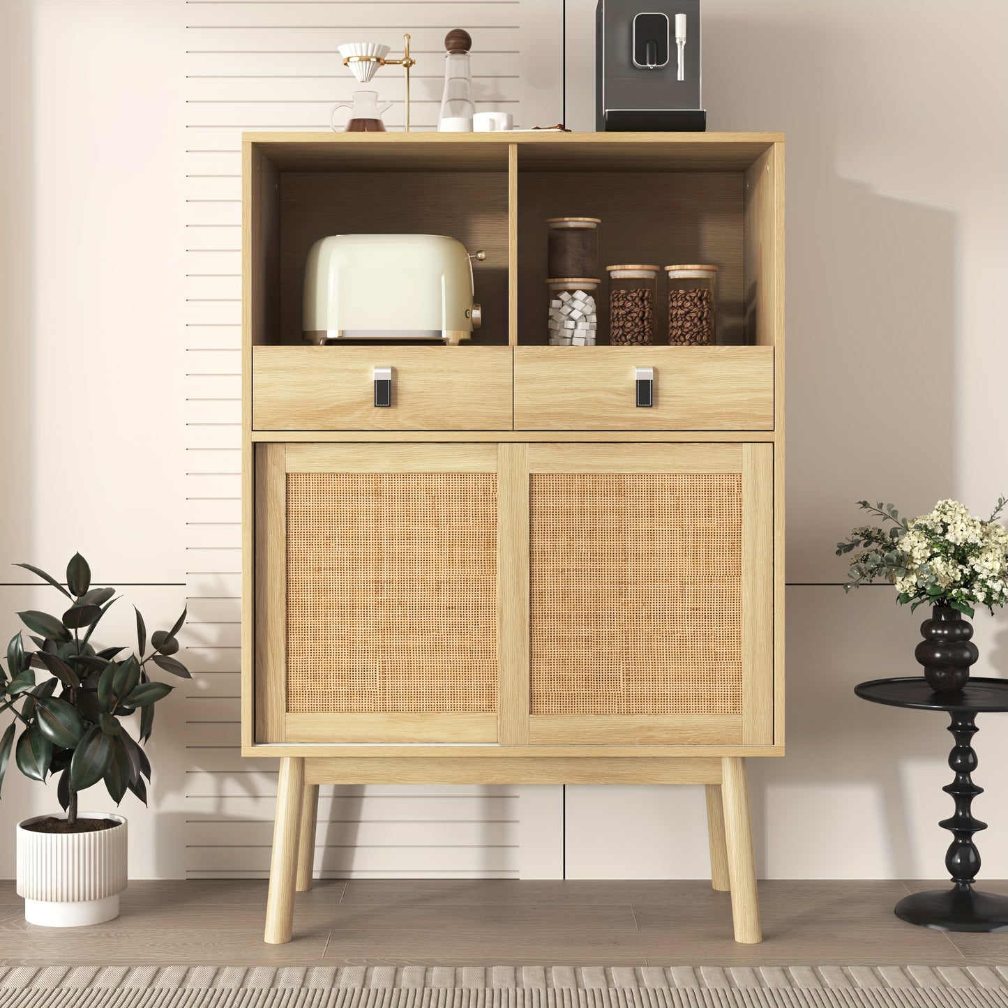 Nachtkastje – Ladekast – Opbergkast – Wandkast – Dressoir – Gevlochten Rattan – 80x39,5x120 cm – 2 Lades & 2 Open Vakken – Modern Design