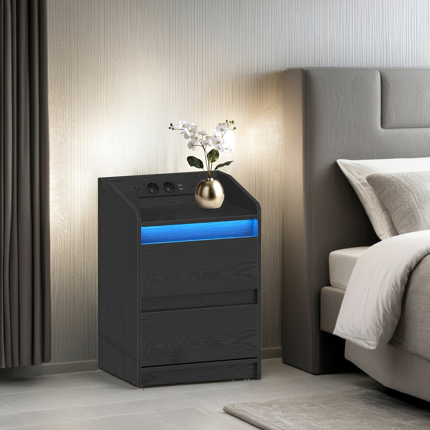Nachtkastje – Nachtkastjes – Bijzettafel – Opbergkastje – Wandkast – Set van 2 – LED-verlichting – USB Oplaadstation – Zwart – 35x40x58 cm – Spaanplaat