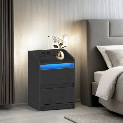 Nachtkastje – Nachtkastjes – Bijzettafel – Opbergkastje – Wandkast – Set van 2 – LED-verlichting – USB Oplaadstation – Zwart – 35x40x58 cm – Spaanplaat