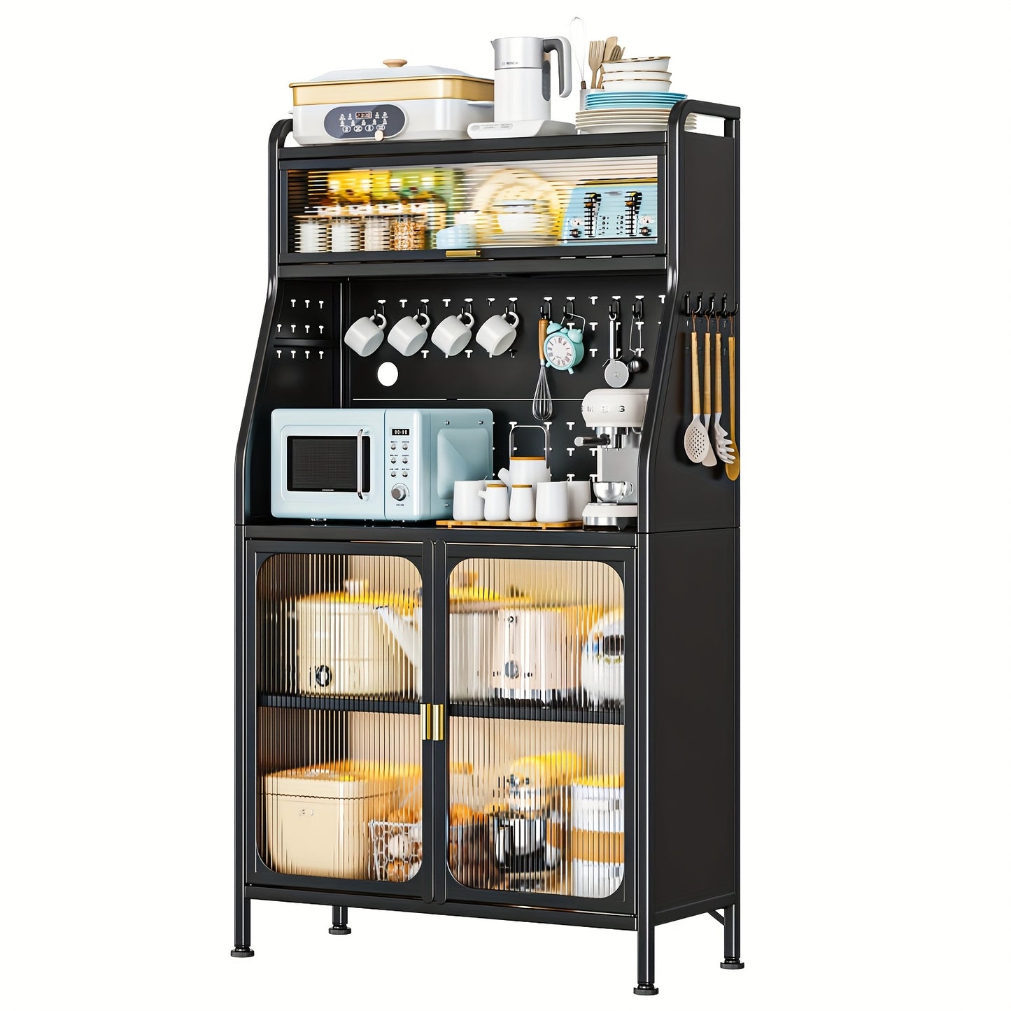 Bijkeukenkast – Keukenkast – Opbergkast – Wasruimte Kast – Bakkerrek – 86 cm Hoog – Zwart – Met Verstelbare Planken – Met Wieltjes