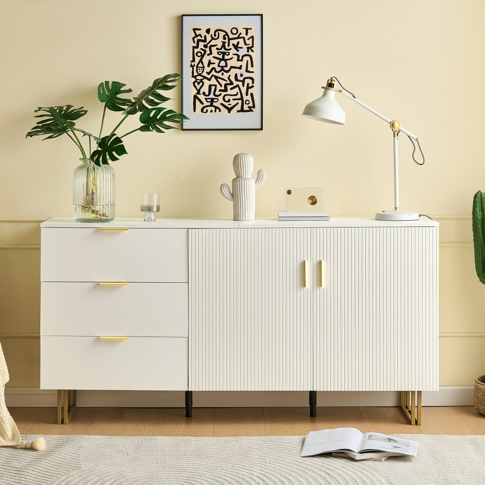 Dressoir – Wandkast – Opbergkast – Buffetkast – Ladekast – Wit Met Gouden Handvatten – 160 cm Breed – Stalen Poten