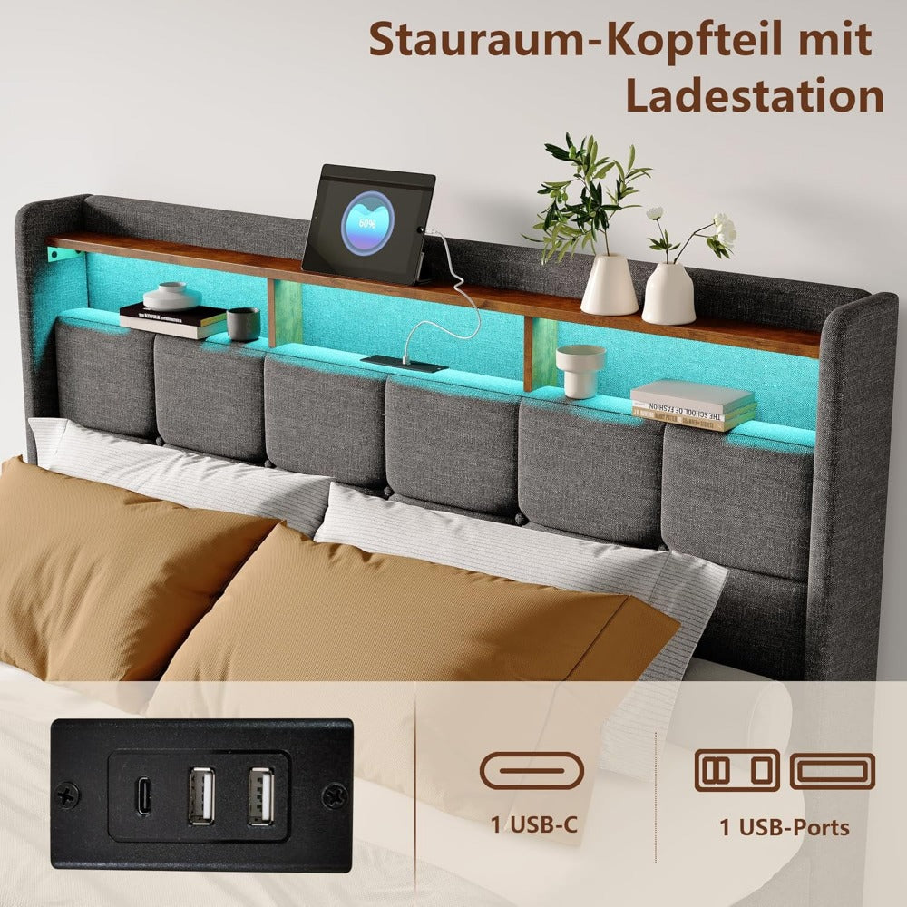Gestoffeerd Tweepersoonsbed – Opbergbed – Ladebed – Led Bed – Slaapbank – 160x200 cm – RGB LED Verlichting – USB & Type-C Oplaadpoort