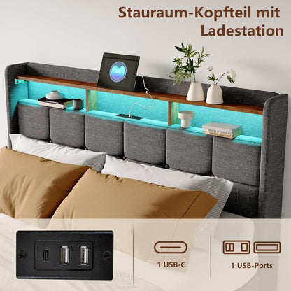 Gestoffeerd Tweepersoonsbed – Opbergbed – Ladebed – Led Bed – Slaapbank – 160x200 cm – RGB LED Verlichting – USB & Type-C Oplaadpoort