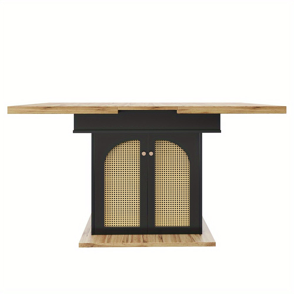 Uittrekbare Eettafel – Uitschuifbare Tafel – Uitklapbare Keukentafel – Multifunctionele Eettafel – Ruimtebesparende Tafel – Zwart Met PE Rotan Deuren – 110-140x80 cm – Geschikt Voor 4-6 Personen