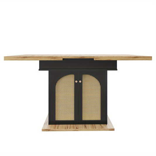 Uittrekbare Eettafel – Uitschuifbare Tafel – Uitklapbare Keukentafel – Multifunctionele Eettafel – Ruimtebesparende Tafel – Zwart Met PE Rotan Deuren – 110-140x80 cm – Geschikt Voor 4-6 Personen
